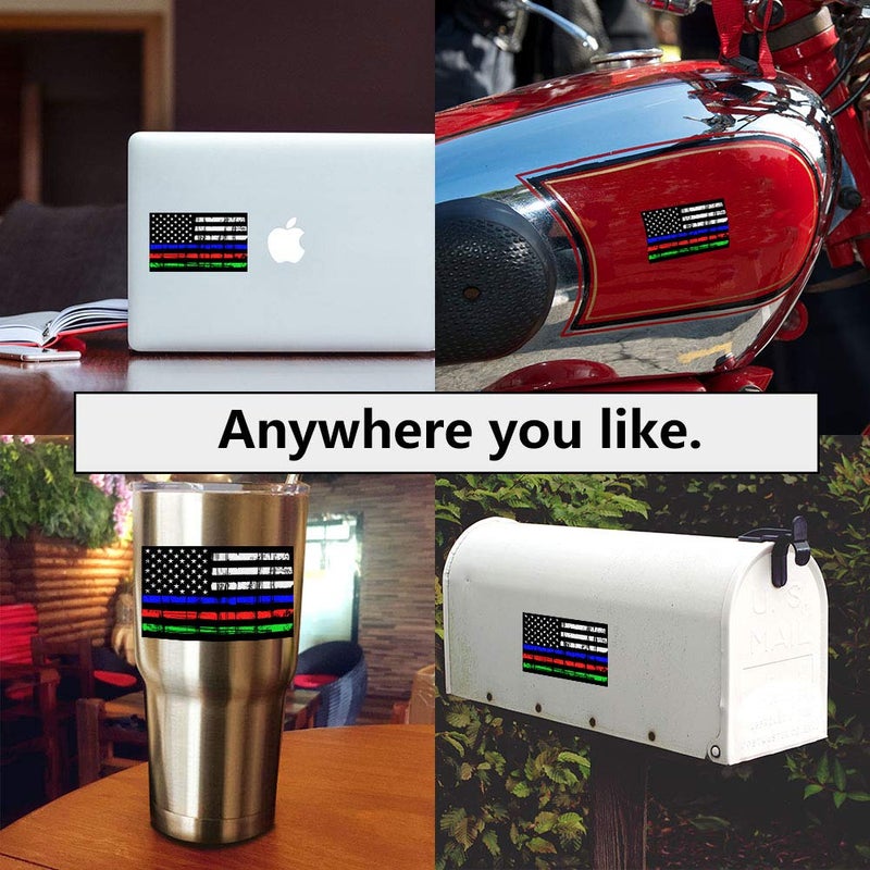 Creatrill Reflective Tattered Thin Blue Red Green Line Decal Matte Black â€“ 3 Packs 3x5 in. American USA Flag Decal Stickers for Cars, Trucks, Hard Hat, Support Police Fire Officers Military Troops - Image 4